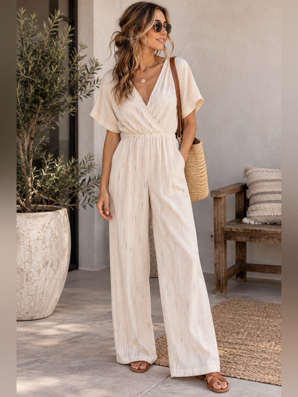 Anthropologie Cream Striped Surplice Wide Leg Jumpsuit Size S